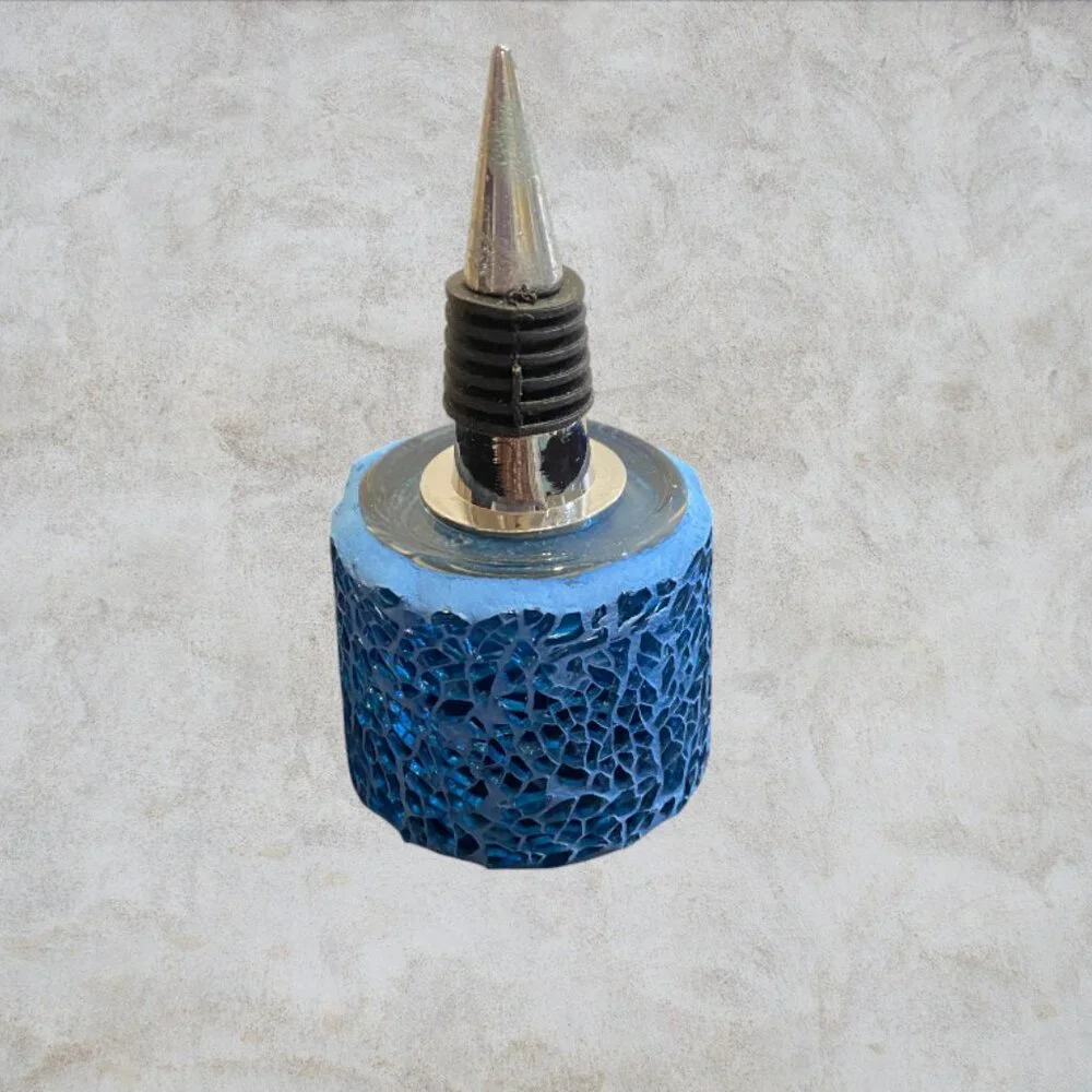 WINE STOPPER -- Unique Tea Light Holder, Blue Mosaic Glass, Fits Standard Bottle